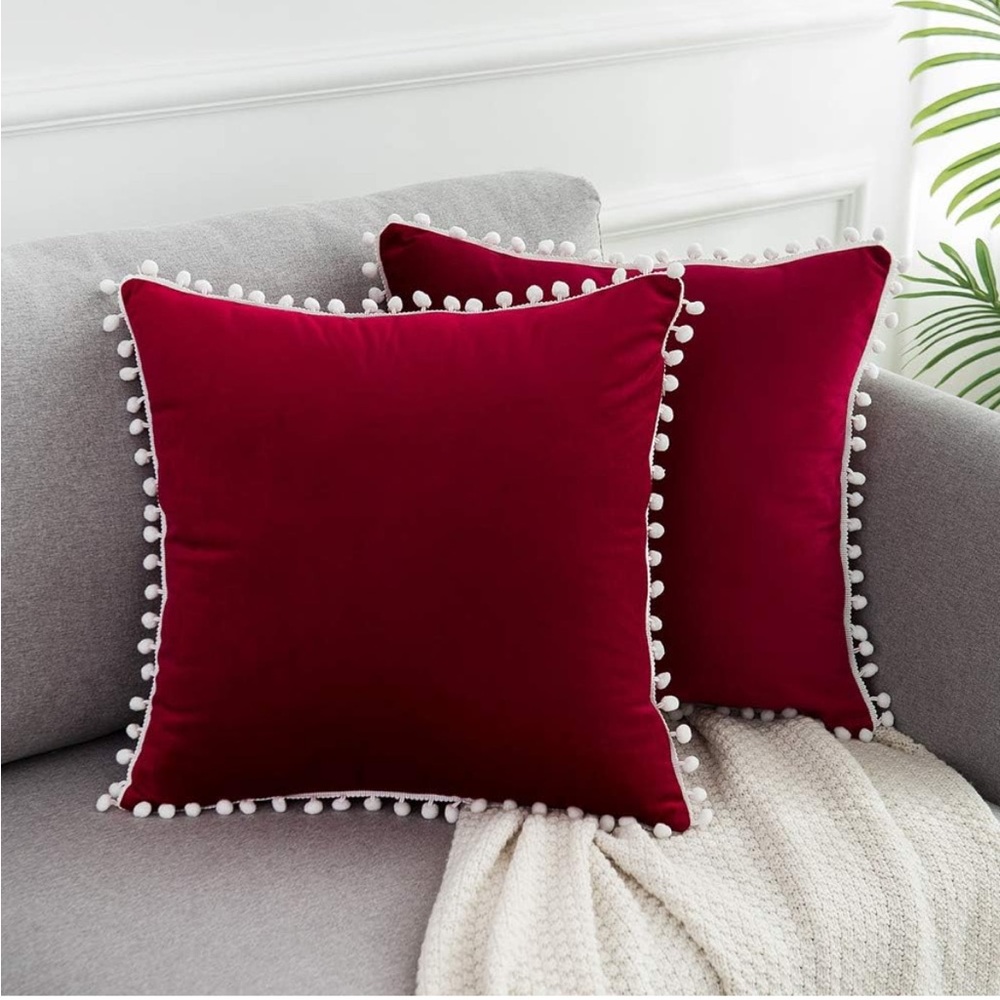 Cute pom poms design luxury series velvet throw pillow covers in burgundy